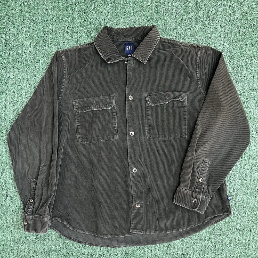VTG Gap Mens Corduroy Button Down Shirt Olive Green Long Sleeve XL Heavy Shacket